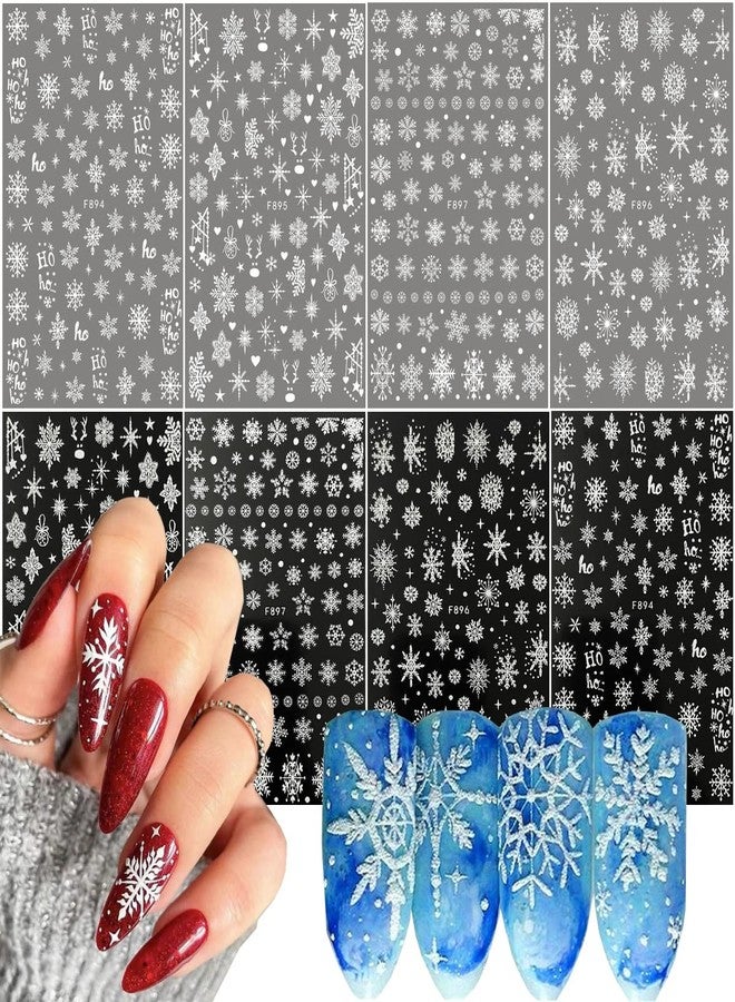 BSBTBZ 8PCS Snowflake Nail Art Stickers White Glitter Snow Nail Design 3D Self Adhesive Nail Decals Snowflakes Sticker for Nails Art Accessories Shiny Decal Manicure Winter New Year Christmas Nail Decoration - Image 1